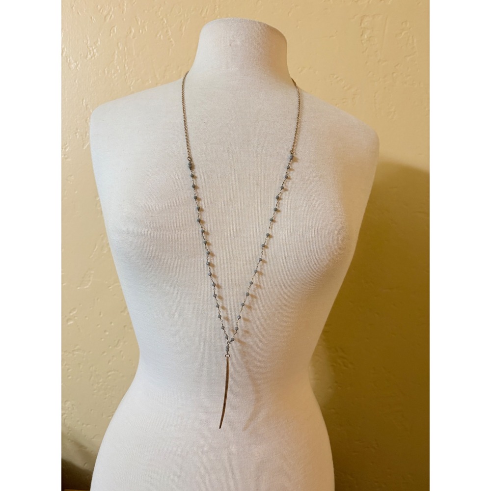 Canvas Jewelry Grey Beaded Rosary Necklace Antique Brass Spike Pendant Long Boho